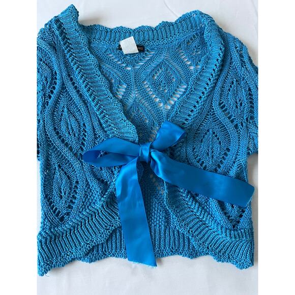 VTG Y2K American Attitudes sweater sz Med cropped flare sleeve crochet wrap blue - Picture 2 of 11